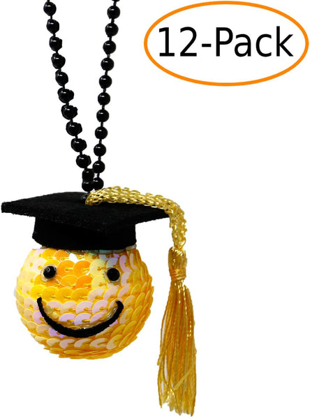 Graduation Cap Sequined Happy Face Beaded Necklace Party Favor (12 Pack)